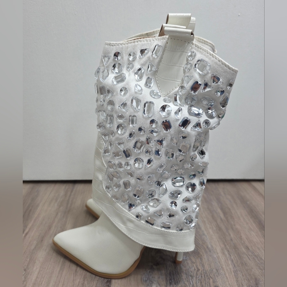 Lauren Lorraine Hana White Rhinestone Stiletto Cowboy Boot Size 8 - New In Box - Picture 6 of 12